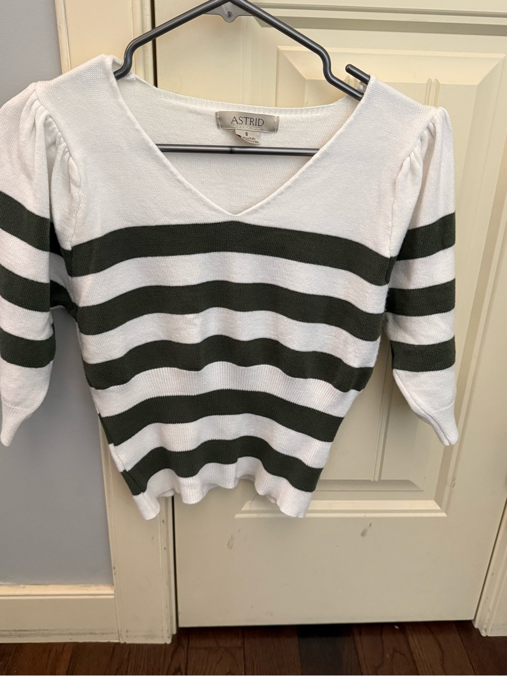 Astrid White & Olive Green Striped V-Neck Knit Top